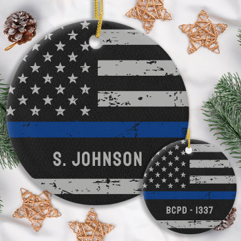 Thin Blue Line Flag Police Officer Law Enforcement Ceramic Ornament by BlackDogArtJudy at Zazzle