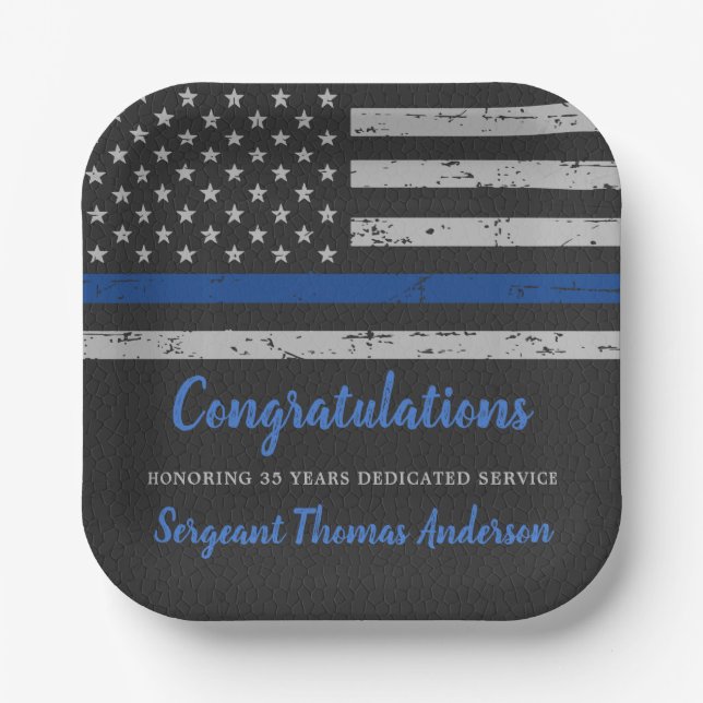 Thin Blue Line Flag Police Officer Retirement Paper Plates (Front)