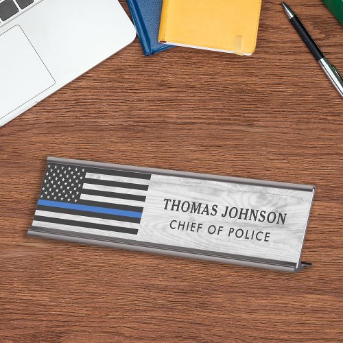Thin Blue Line Flag Police Officer Rustic Wood Desk Name Plate