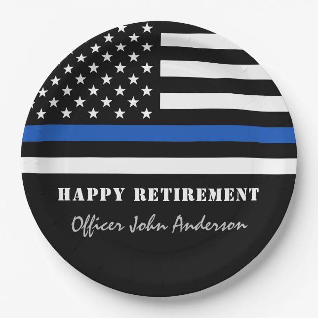 Thin Blue Line Flag Police Retirement Party Paper Plates (Front)