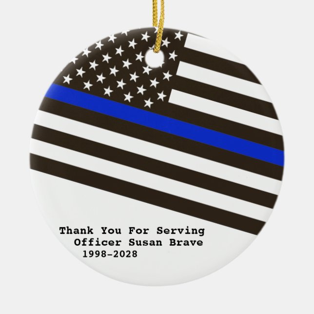 *~* Thin Blue Line Flag Police Thank You Photo Ceramic Ornament (Front)