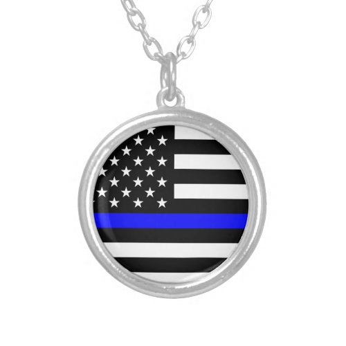 Thin Blue Line Flag United States Silver Plated Necklace