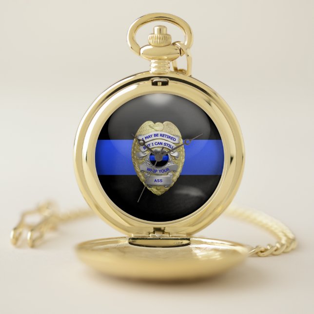 Thin Blue Line Funny Retired Badge Pocket Watch (Inside)