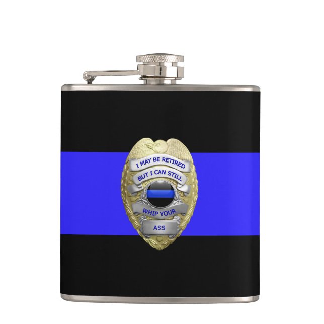 Thin Blue Line Funny Retired Police Badge Flask (Front)