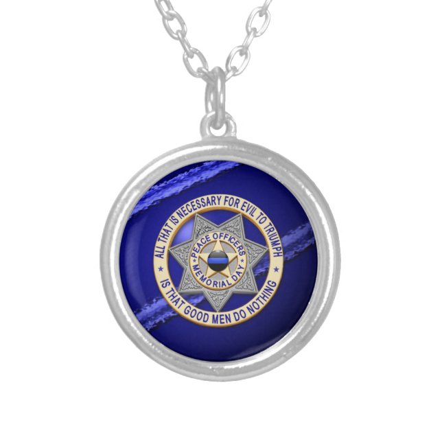 Thin Blue Line Globe & Badge Silver Plated Necklace (Front)