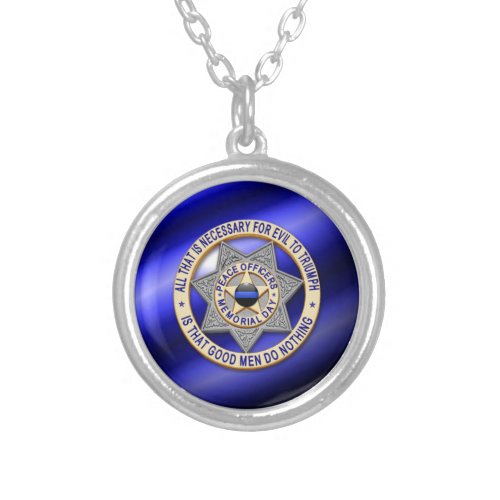 Thin Blue Line Globe  Badge Silver Plated Necklace