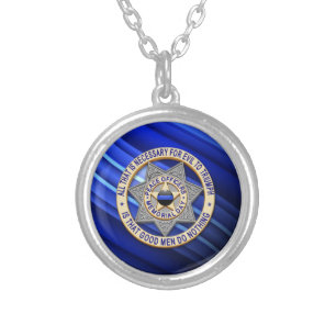 Thin Blue Line Globe & Badge Silver Plated Necklace