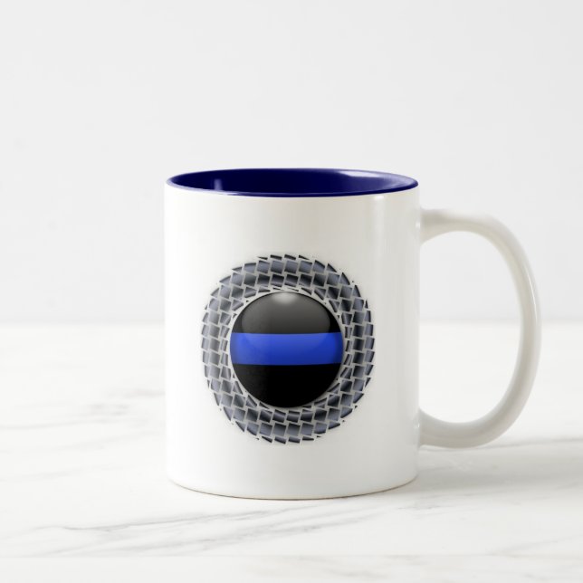 Thin Blue Line Glowing Button & Framed Button Two-Tone Coffee Mug (Right)