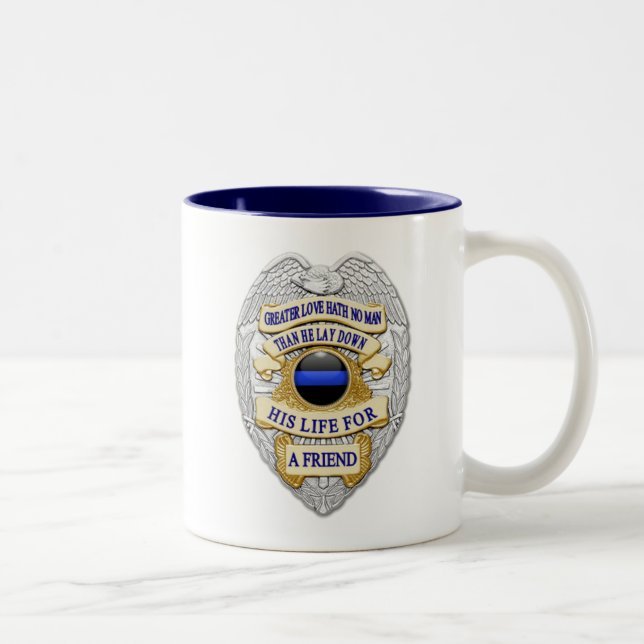 Thin Blue Line Glowing Button & Gold Badge Two-Tone Coffee Mug (Right)