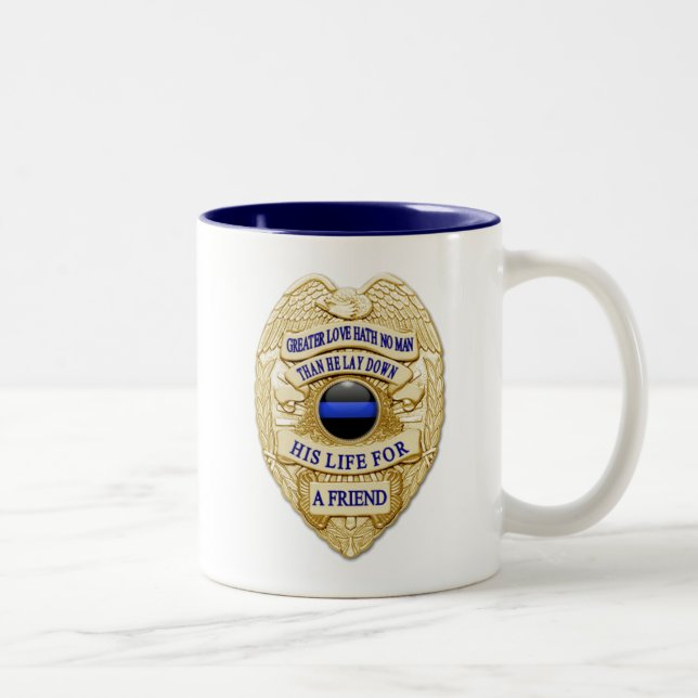 Thin Blue Line Glowing Button & Gold Badge Two-Tone Coffee Mug (Right)