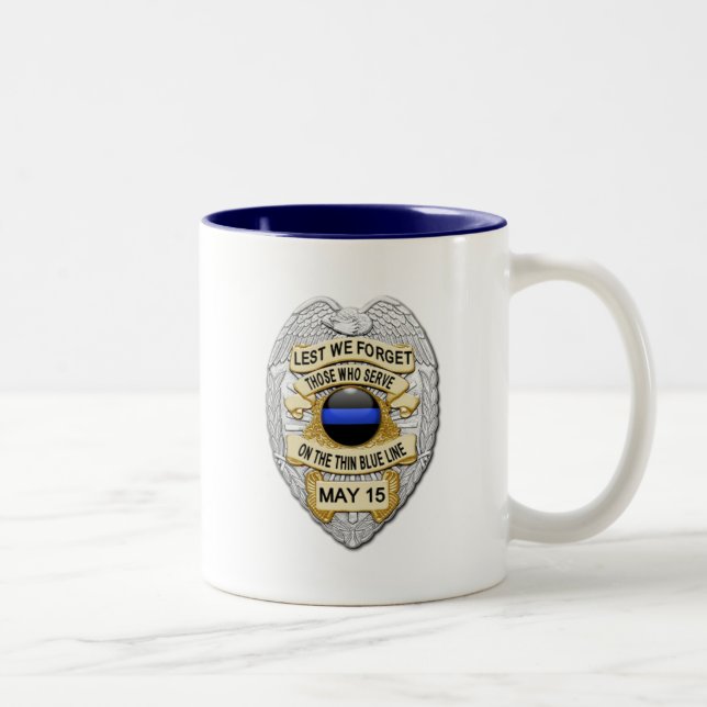 Thin Blue Line Glowing Button & Silver Badge Two-Tone Coffee Mug (Right)