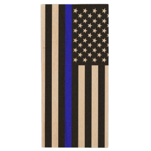 Thin Blue Line Graphic on a US Flag Wood Flash Drive