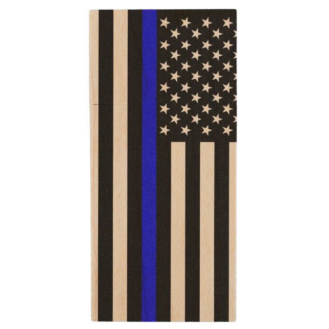 Thin Blue Line Graphic on a US Flag Wood Flash Drive (Front Vertical)