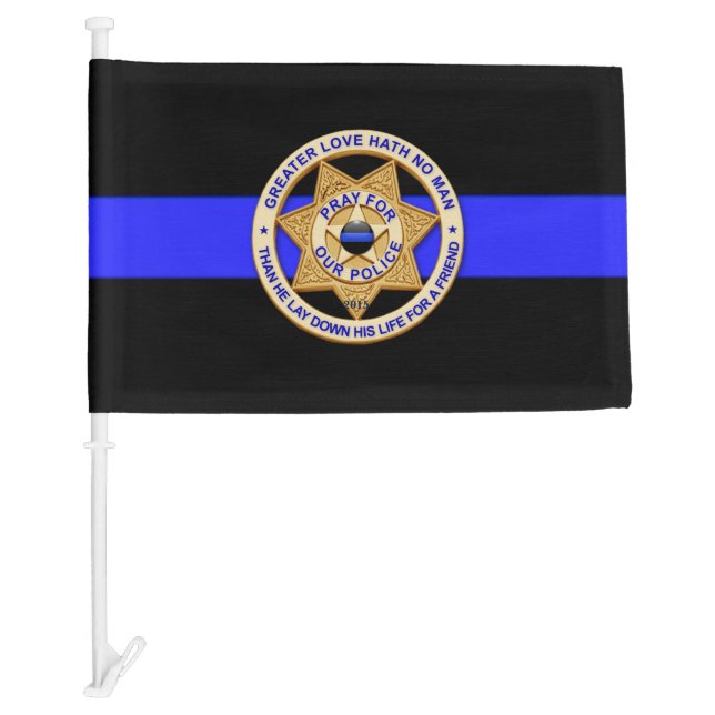Thin Blue Line Greater Love Badge Funeral Car Flag (Front)