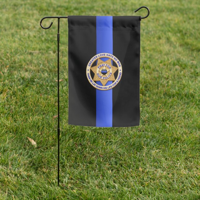 Thin Blue Line Greater Love Badge Garden Flag (In SItu)
