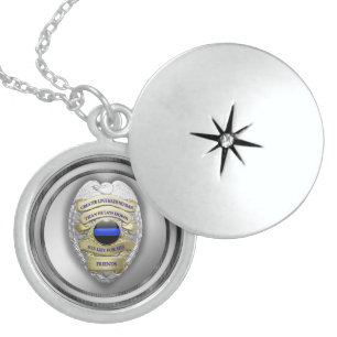 Thin Blue Line Greater Love Badge  Locket Necklace