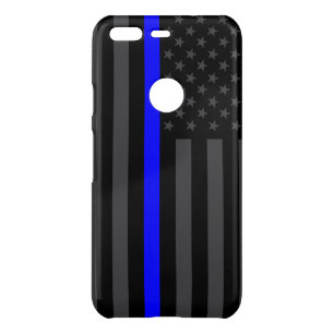 Thin Blue Line Grey American Flag graphic on a Uncommon Google Pixel Case