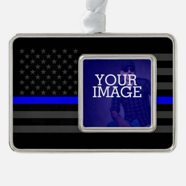 Thin Blue Line Grey US Flag Your Image on a Ornament (Front)