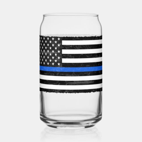 Thin Blue Line Grungy American Flag Can Glass