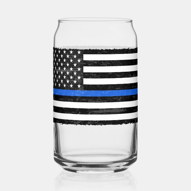 Thin Blue Line Grungy American Flag Can Glass (Front)