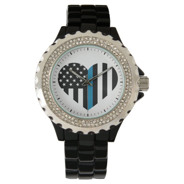 Thin Blue Line Heart Shaped Flag Watch (Front)