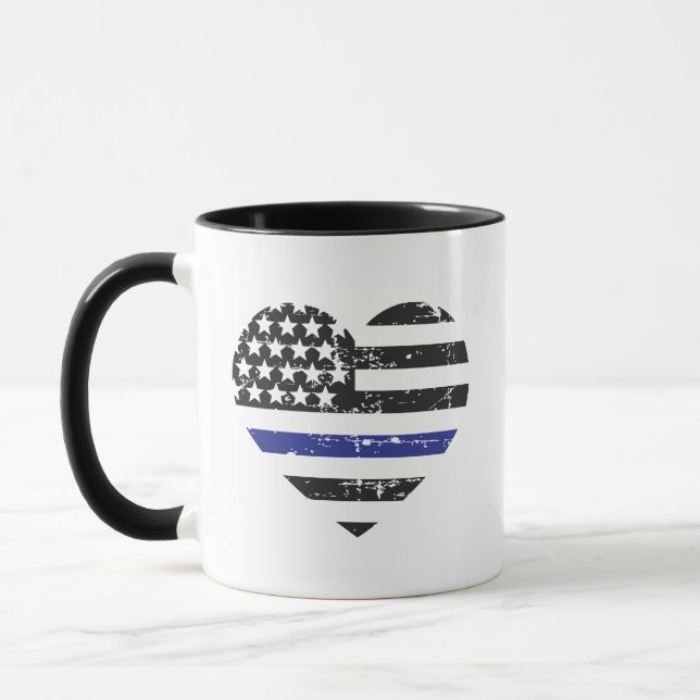 Thin Blue Line Heart USA Flag Police Support Mug (Left)