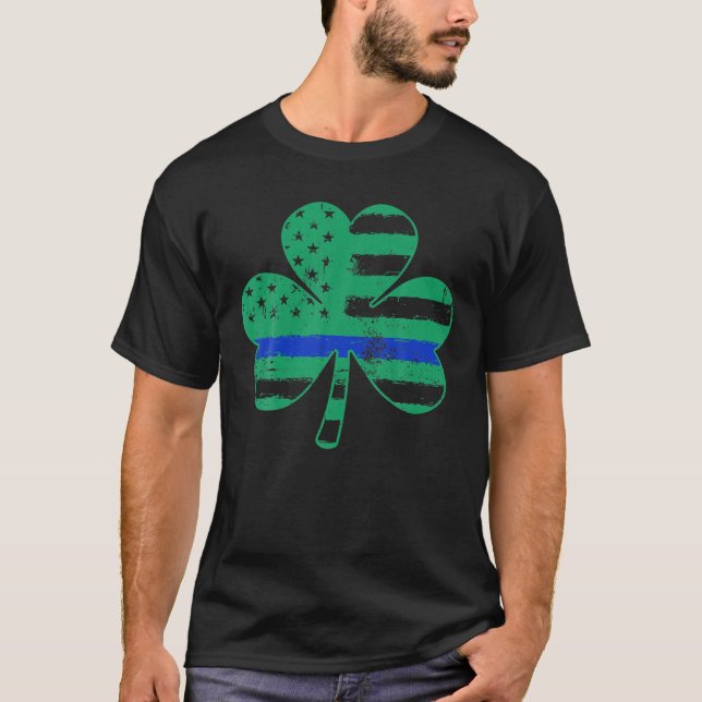 Thin Blue Line Irish Shamrock Police Gift USA Amer T-Shirt (Front)