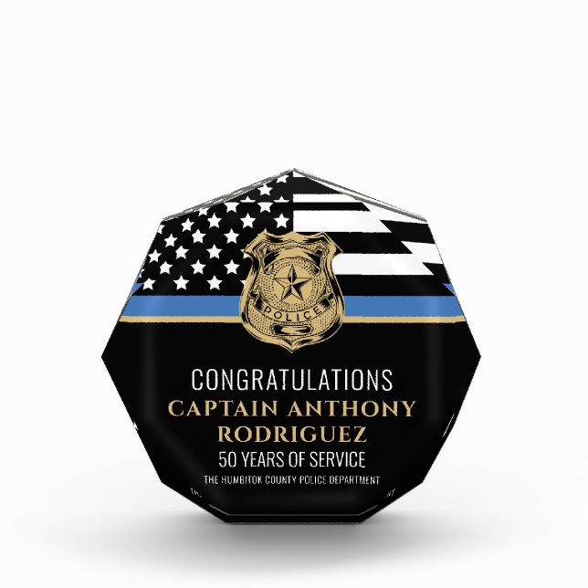 Thin Blue Line Law Enforcement Police Retirement Acrylic Award (Front)
