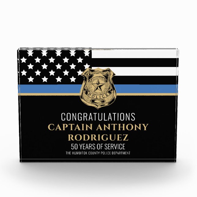 Thin Blue Line Law Enforcement Police Retirement Acrylic Award (Front)