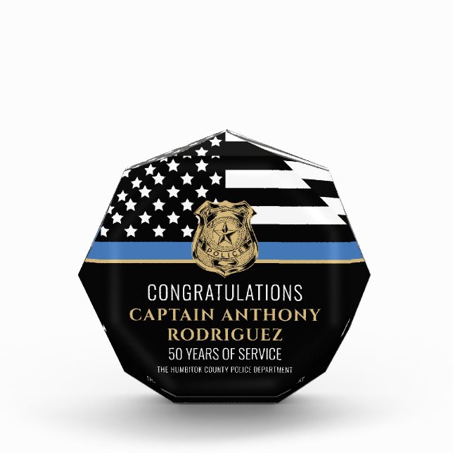 Thin Blue Line Law Enforcement Police Retirement Acrylic Award (Front)