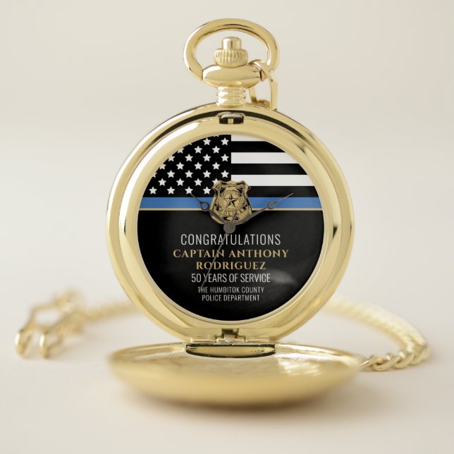 Thin Blue Line Law Enforcement Police Retirement Pocket Watch (Inside)