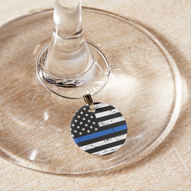 Thin Blue Line  Law Enforcement Police Wine Charm (In Situ)
