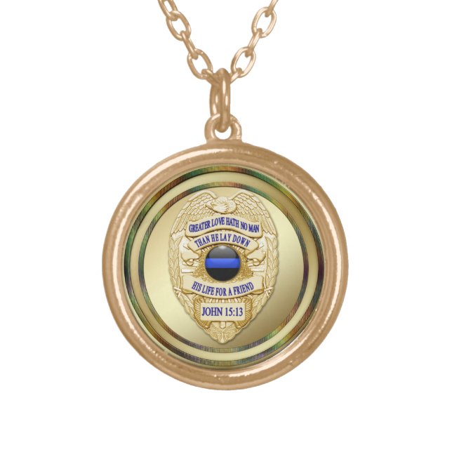 Thin Blue Line & Lest We Forget Badge Gold Plated Necklace (Front)