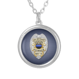Thin Blue Line & Lest We Forget Badge Silver Plated Necklace