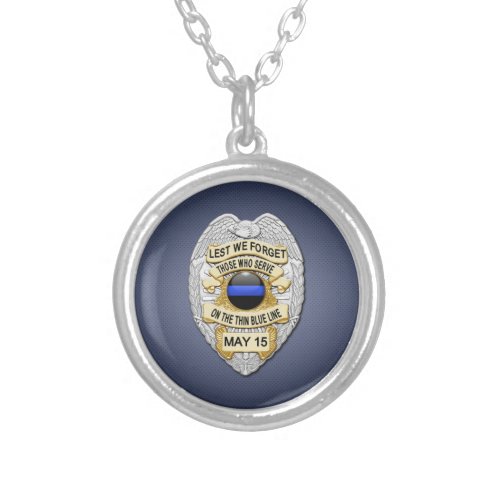 Thin Blue Line  Lest We Forget Badge Silver Plated Necklace