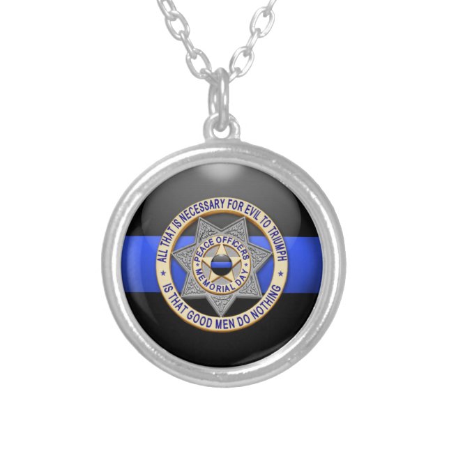 Thin Blue Line & Lest We Forget Badge Silver Plated Necklace (Front)