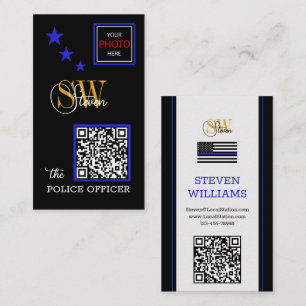 Thin Blue Line & Modern QR Code / Monogrammed Name Business Card