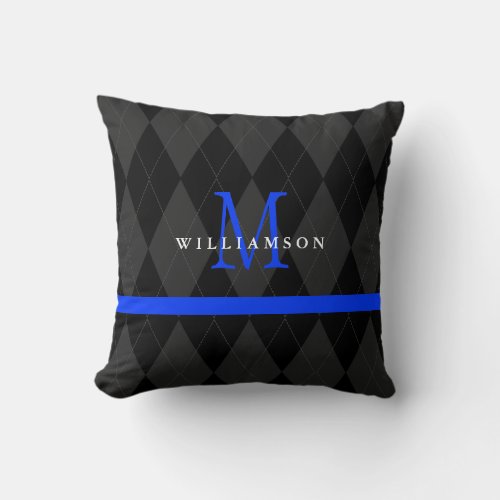 Thin Blue Line Monogram Black Argyle Pattern Throw Pillow