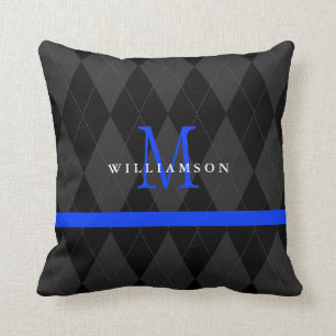 Thin Blue Line Monogram Black Argyle Pattern Throw Pillow