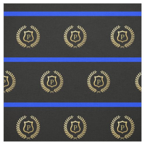 Thin Blue Line Monogram Faux Gold Foil Shield Fabric