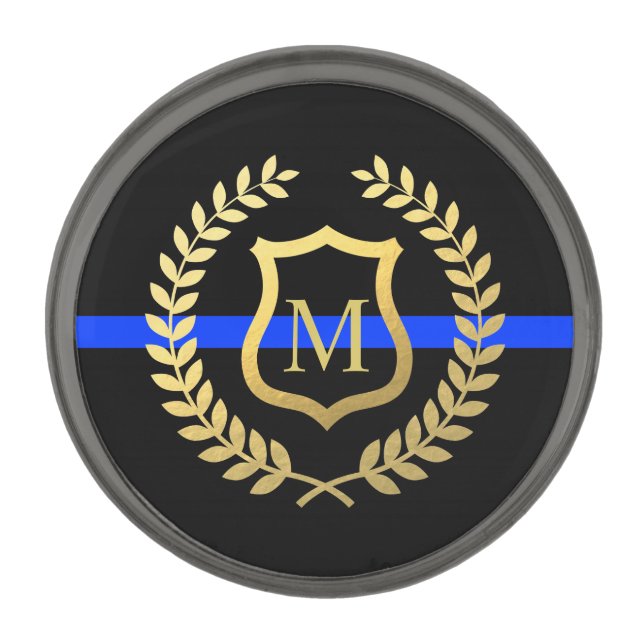 Thin Blue Line Monogram Faux Gold Gunmetal Finish Lapel Pin (Front)
