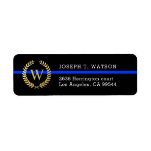Thin Blue Line Monogram Faux Gold Wreath Address Label