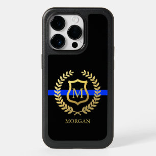 Thin Blue Line Monogram Name Faux Gold Foil Police OtterBox iPhone 14 Pro Case