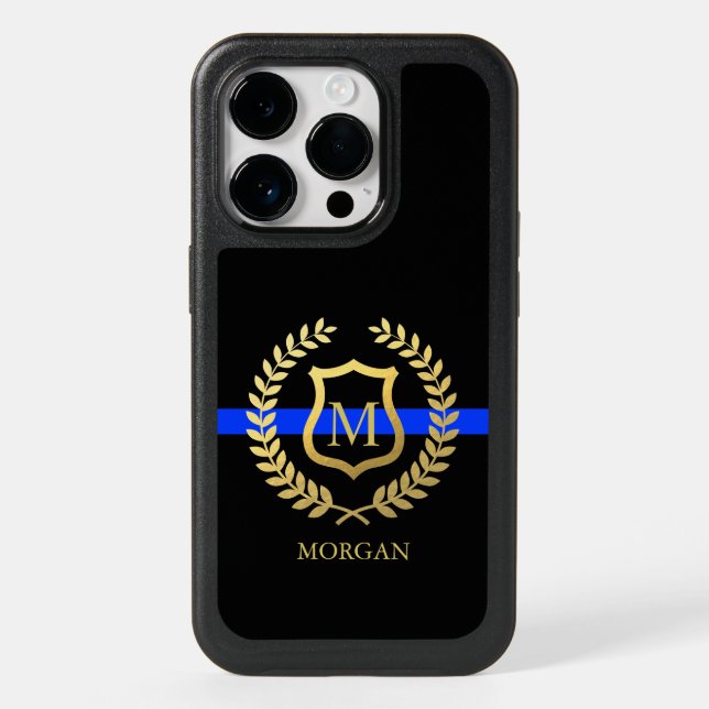 Thin Blue Line Monogram|Name Faux Gold Foil Police Otterbox iPhone Case (Back)
