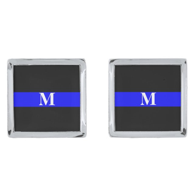 Thin Blue Line Monogram Silver Cufflinks (Front)