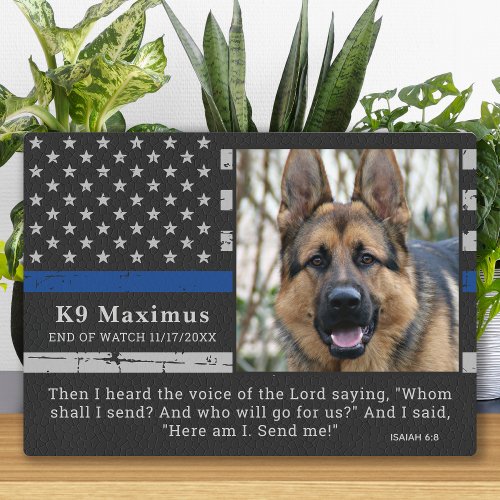 Thin Blue Line Officer K9 Police Dog Memorial Plaque