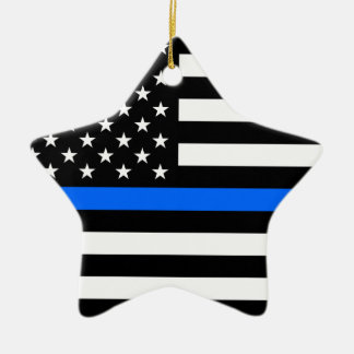 "THIN BLUE LINE ON AMERICAN FLAG" CERAMIC ORNAMENT