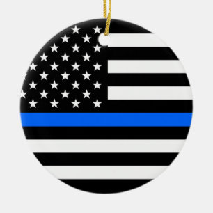 "THIN BLUE LINE ON AMERICAN FLAG" CERAMIC ORNAMENT