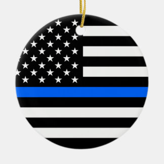 "THIN BLUE LINE ON AMERICAN FLAG" CERAMIC ORNAMENT