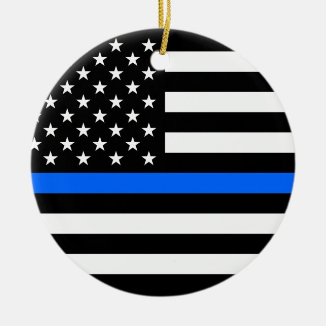 "THIN BLUE LINE ON AMERICAN FLAG" single-sided Ceramic Ornament (Front)